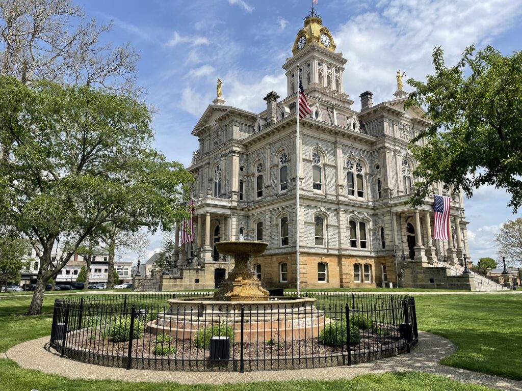 The Licking County Courthouse, built in 1876, is the recently restored centerpiece of downtown Newark.